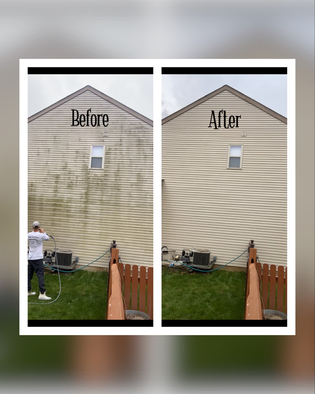 Before and after of a house siding soft wash in Plain City, OH — heavy green algae fully removed