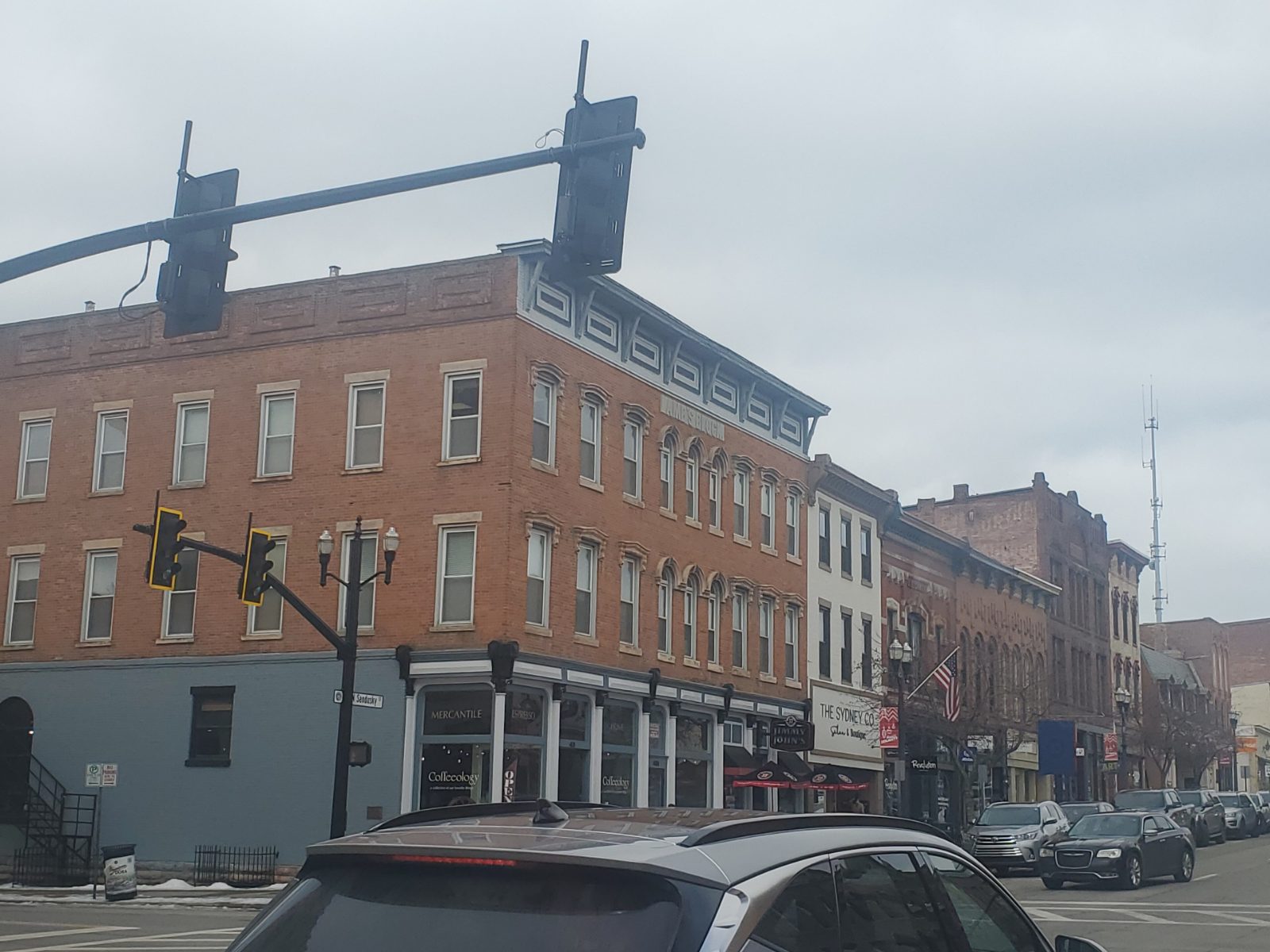Historic brick storefronts along Sandusky Street in downtown Delaware, Ohio