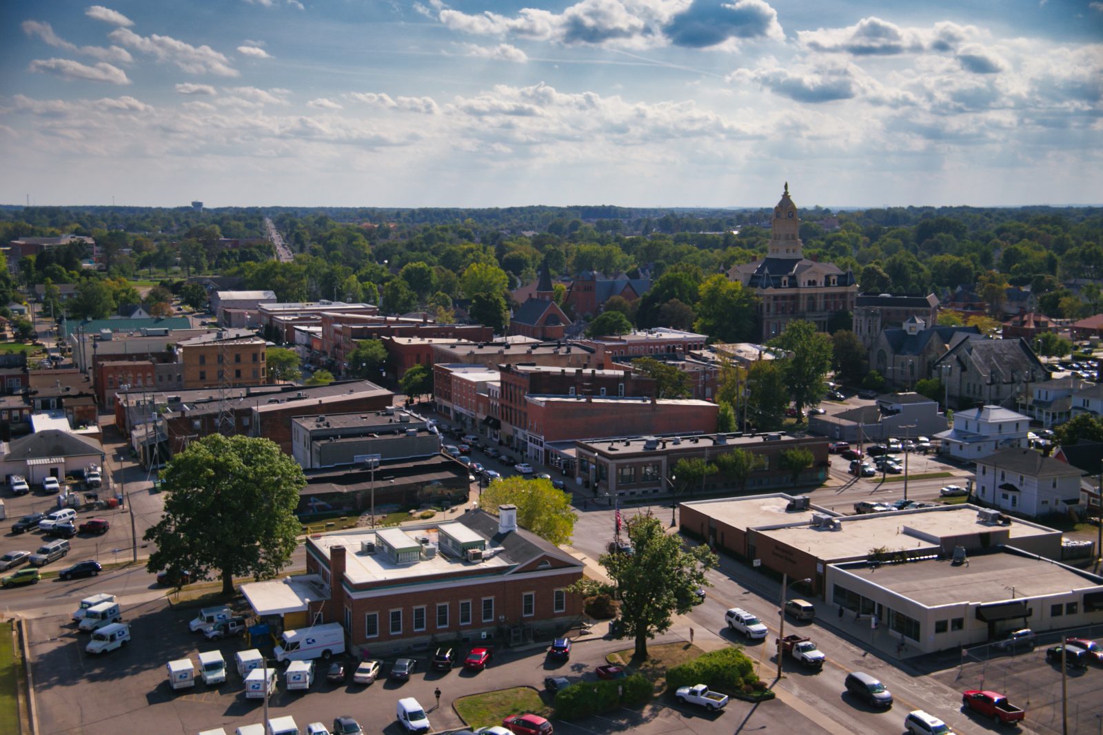 Aerial view of Uptown Marysville, Ohio — Mullet Power Wash serves homes across Union County