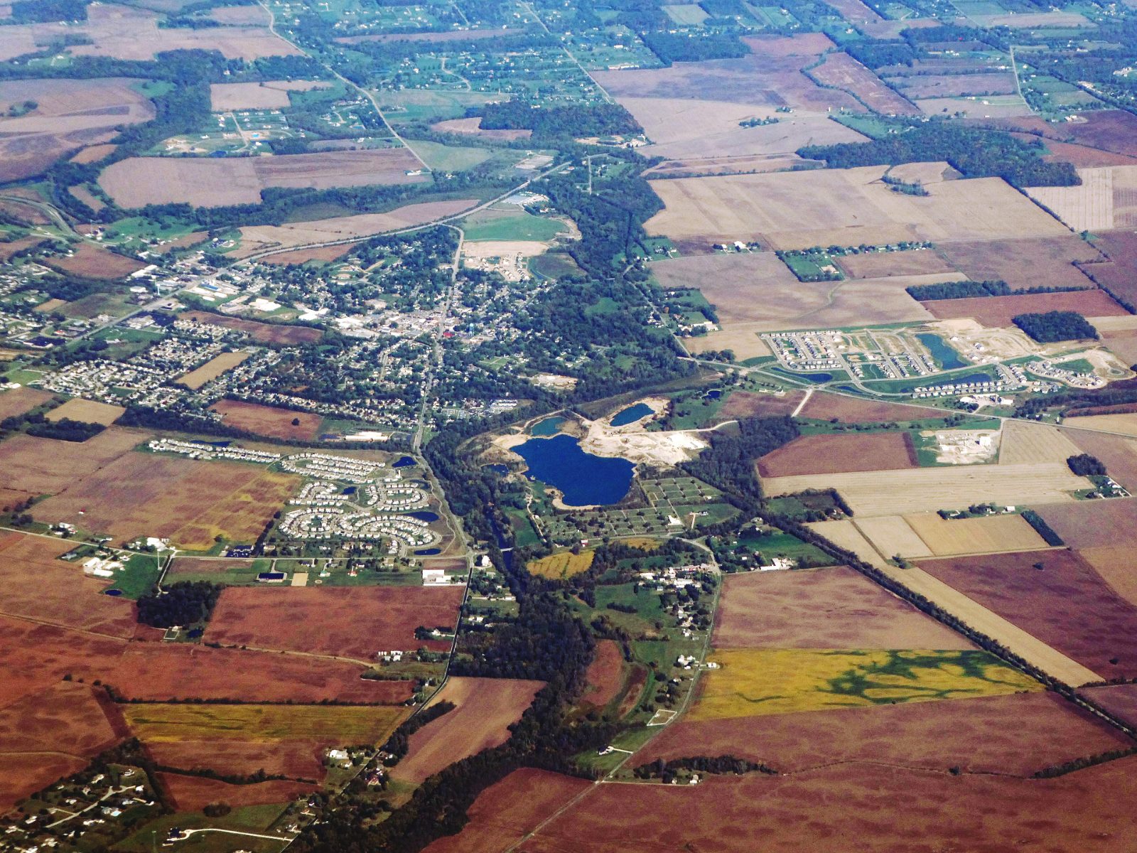Aerial view of Plain City, Ohio surrounded by Central Ohio farmland