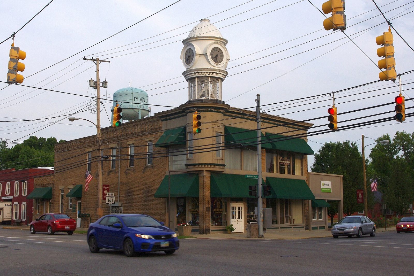 The clock tower in downtown Plain City, Ohio